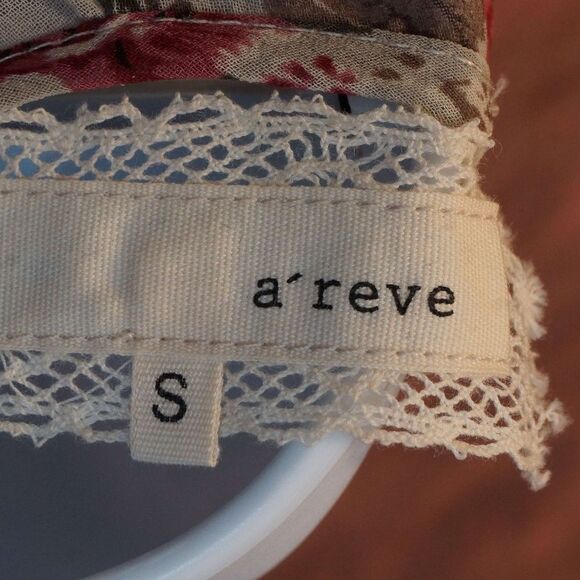 A'Reve Roses On Tan Sheer Cold Shoulder Blouse w/ Lace Racer Back  Bishop sleeve - Picture 7 of 7